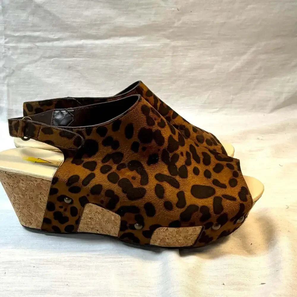 Volatile Leopard Print Suede Peep Toe Wedge Slingback Clog Platform Sandals Size